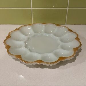 Anchor Hocking Fire-King Milk Glass Deviled Egg Serving Plate with Gold Trim